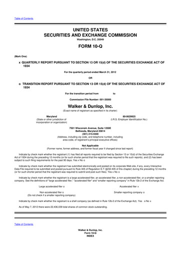 Miniature Walker & Dunlop

 10-Q Rapport trimestriel 2012 