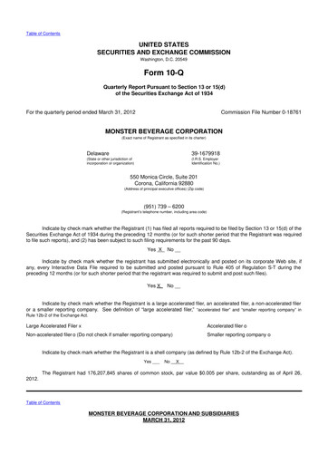 Thumbnail Monster Beverage 10-Q Quarterly Report FY2012 