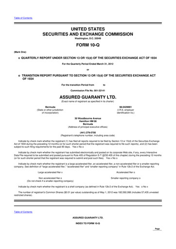 Miniature Assured Guaranty 10-Q Rapport trimestriel  
