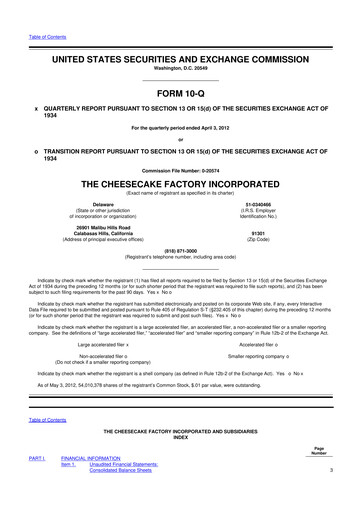 Thumbnail The Cheesecake Factory
 10-Q Quarterly Report FY2012 