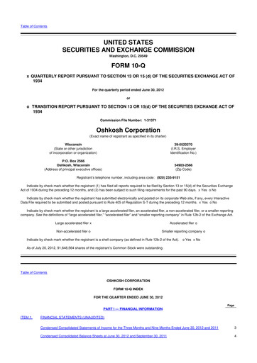 Thumbnail Oshkosh Corporation
 10-Q Quarterly Report FY2012 