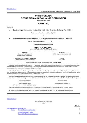 Miniature B&G Foods

 10-Q Rapport trimestriel 2012 