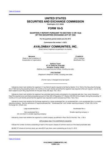 Thumbnail AvalonBay Communities 10-Q Quarterly Report FY2012 