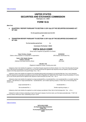 Miniature Vista Gold
 10-Q Rapport trimestriel 2012 