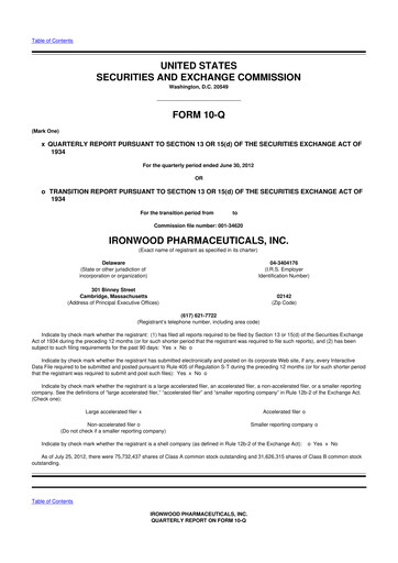 Miniature Ironwood Pharmaceuticals
 10-Q Rapport trimestriel 2012 