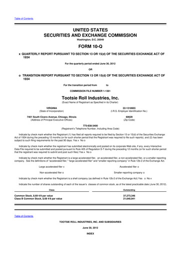 Thumbnail Tootsie Roll Industries
 10-Q Quarterly Report FY2012 