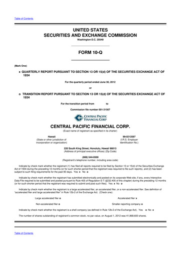 Miniature Central Pacific Financial 10-Q Rapport trimestriel 2012 