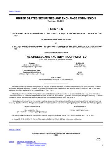 Thumbnail The Cheesecake Factory
 10-Q Quarterly Report FY2012 