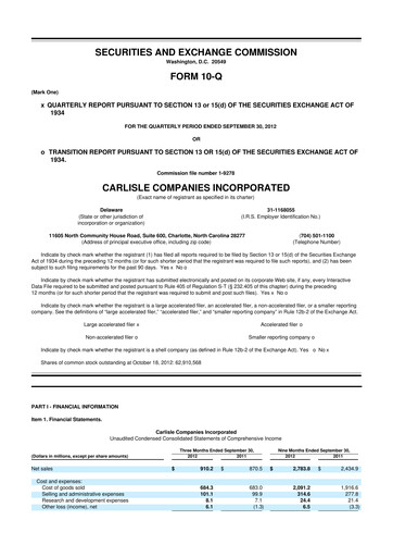 Thumbnail Carlisle Companies
 10-Q Quarterly Report FY2012 