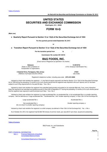 Miniature B&G Foods

 10-Q Rapport trimestriel 2012 