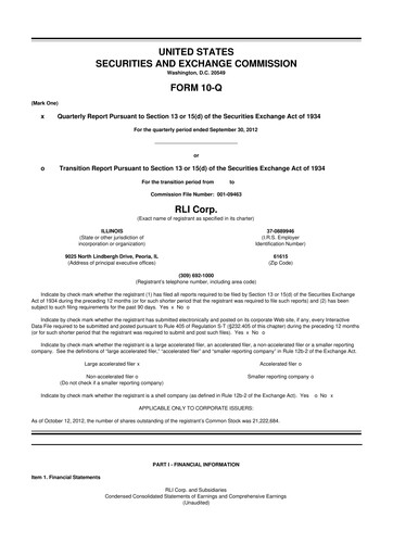 Vorschaubild RLI Corp.
 10-Q Quartalsbericht 2012 