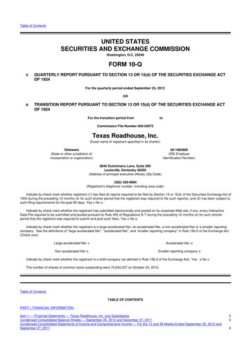 Thumbnail Texas Roadhouse
 10-Q Quarterly Report FY2012 