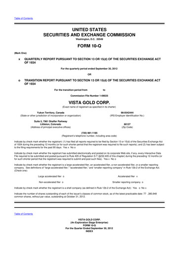 Miniature Vista Gold
 10-Q Rapport trimestriel 2012 
