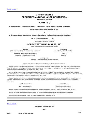 Thumbnail Northwest Bancshares
 10-Q Quarterly Report FY2012 