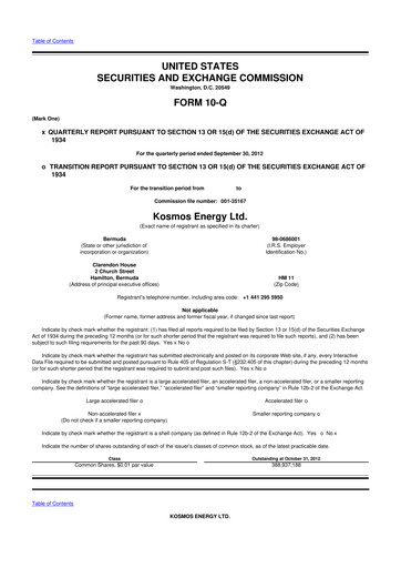 Miniature Kosmos Energy 10-Q Rapport trimestriel 2012 