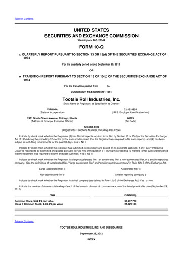 Thumbnail Tootsie Roll Industries
 10-Q Quarterly Report FY2012 