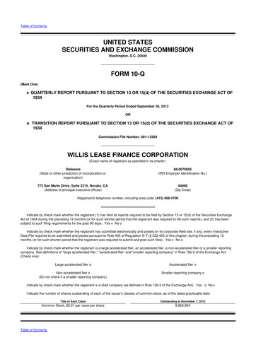 Thumbnail Willis Lease Finance Corporation 10-Q Quarterly Report FY2012 