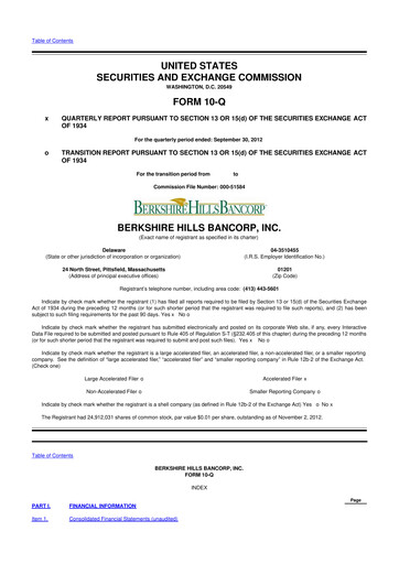 Thumbnail Berkshire Hills Bancorp 10-Q Quarterly Report FY2012 