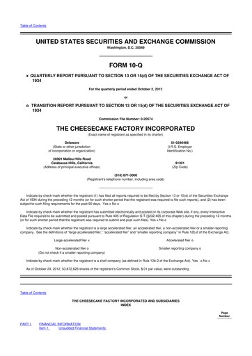 Thumbnail The Cheesecake Factory
 10-Q Quarterly Report FY2012 