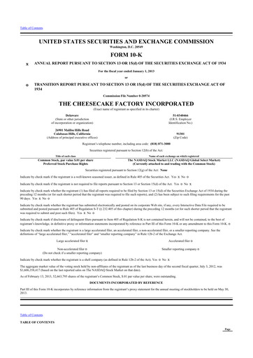 Thumbnail The Cheesecake Factory
 10-K Annual Report 2012