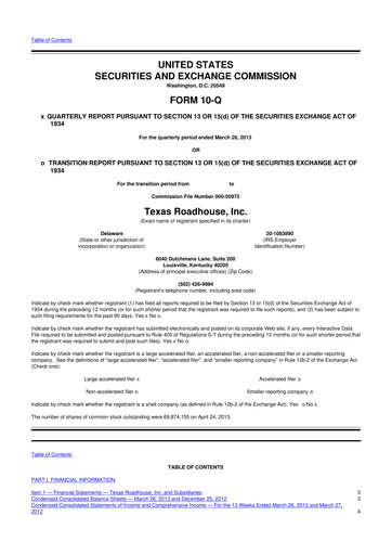 Thumbnail Texas Roadhouse
 10-Q Quarterly Report FY2013 