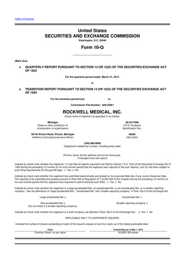 Vorschaubild Rockwell Medical
 10-Q Quartalsbericht  