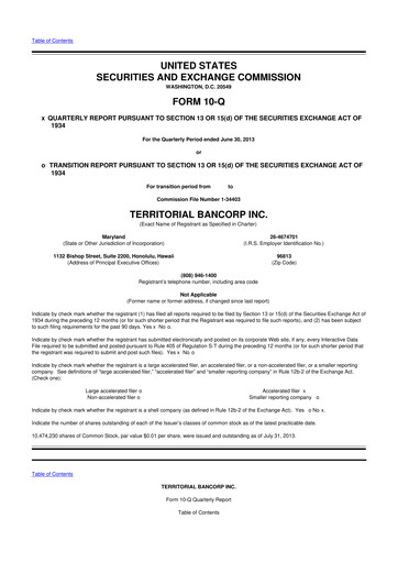 Thumbnail Territorial Bancorp
 10-Q Quarterly Report FY 