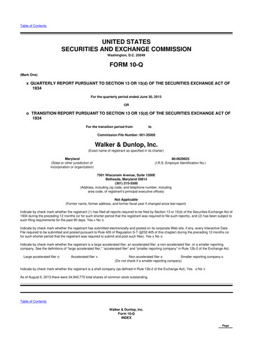Miniature Walker & Dunlop

 10-Q Rapport trimestriel 2013 