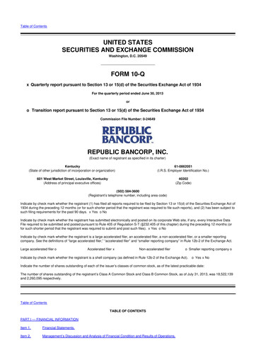 Thumbnail Republic Bank 10-Q Quarterly Report FY2013 