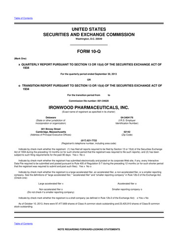 Miniature Ironwood Pharmaceuticals
 10-Q Rapport trimestriel 2013 