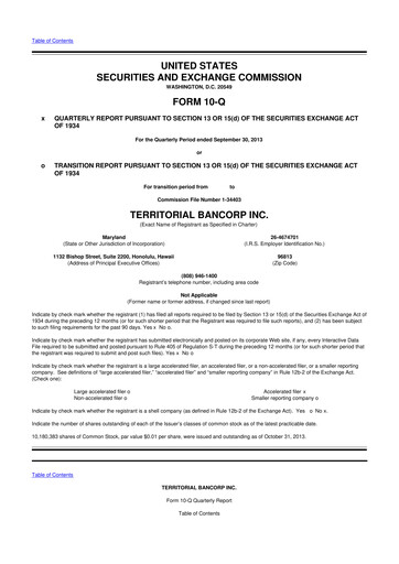 Thumbnail Territorial Bancorp
 10-Q Quarterly Report FY 