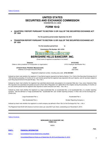 Thumbnail Berkshire Hills Bancorp 10-Q Quarterly Report FY2013 