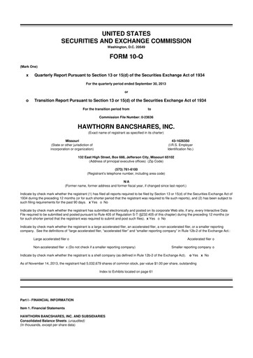 Thumbnail Hawthorn Bancshares 10-Q Quarterly Report FY2013 