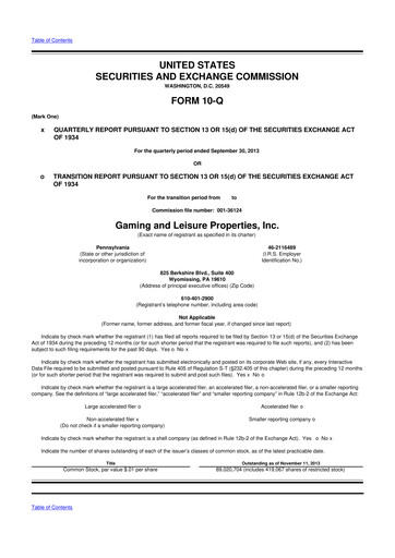 Thumbnail Gaming and Leisure Properties
 10-Q Quarterly Report FY2013 