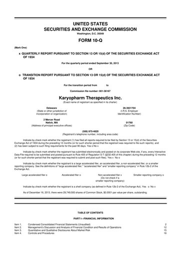 Thumbnail Karyopharm Therapeutics
 10-Q Quarterly Report FY 