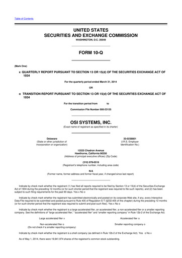 Miniature OSI Systems
 10-Q Rapport trimestriel 2014 