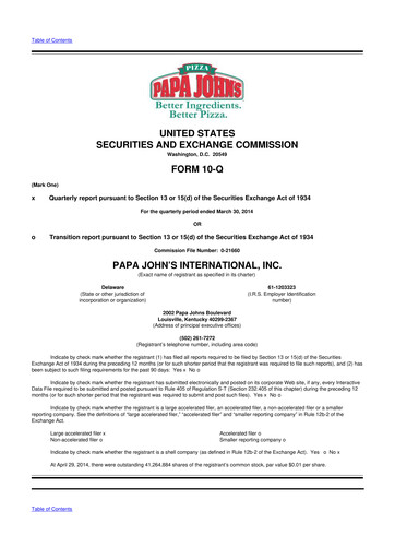 Miniature Papa John's Pizza
 10-Q Rapport trimestriel 2014 