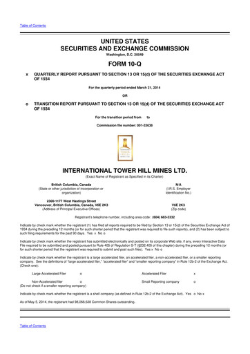 Thumbnail International Tower Hill Mines 10-Q Quarterly Report FY2014 