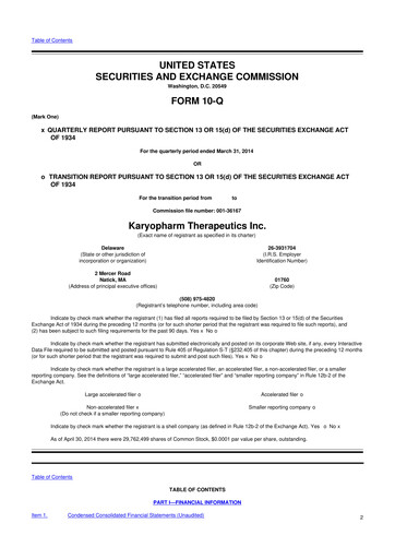 Thumbnail Karyopharm Therapeutics
 10-Q Quarterly Report FY2014 