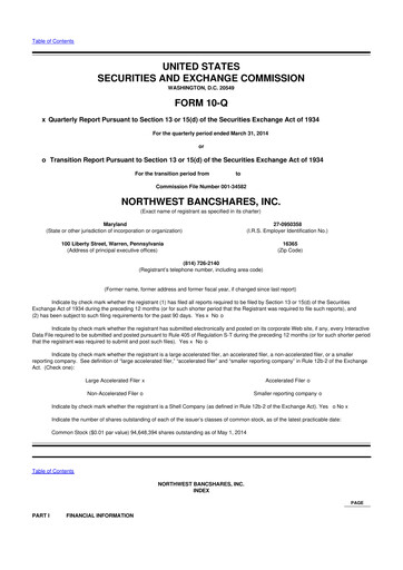 Thumbnail Northwest Bancshares
 10-Q Quarterly Report FY2014 