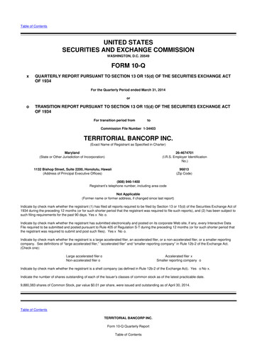 Thumbnail Territorial Bancorp
 10-Q Quarterly Report FY 