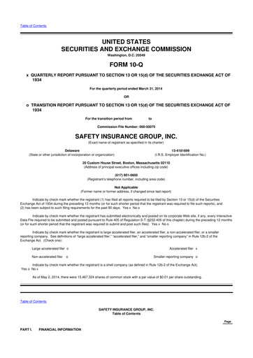 Thumbnail Safety Insurance
 10-Q Quarterly Report FY2014 