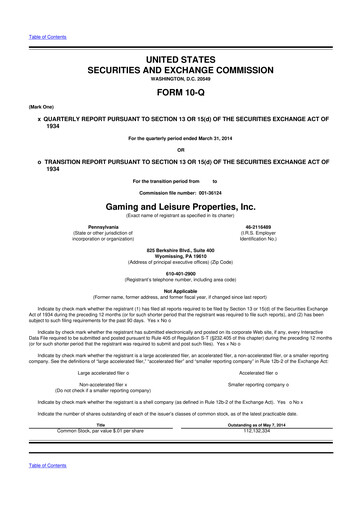 Thumbnail Gaming and Leisure Properties
 10-Q Quarterly Report FY2014 
