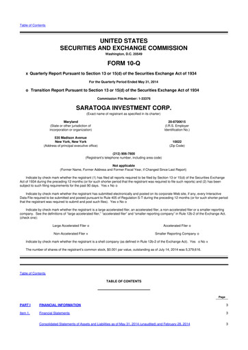 Thumbnail Saratoga Investment 10-Q Quarterly Report FY 