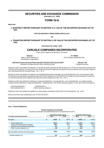 Thumbnail Carlisle Companies
 10-Q Quarterly Report FY2014 