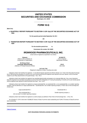 Miniature Ironwood Pharmaceuticals
 10-Q Rapport trimestriel 2014 