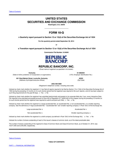 Thumbnail Republic Bank 10-Q Quarterly Report FY2014 