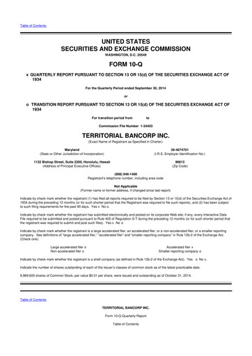 Thumbnail Territorial Bancorp
 10-Q Quarterly Report FY 