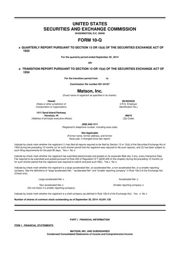 Thumbnail Matson 10-Q Quarterly Report FY2014 