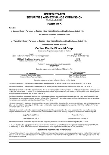 Miniature Central Pacific Financial 10-K Rapport annuel 2014
